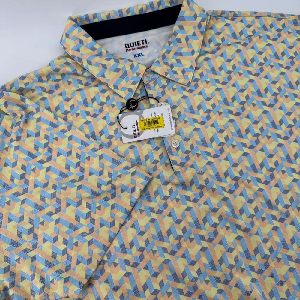 Quieti Performance Mens‎ XXL Polo Shirt Blue Yellow Geometric 3D Cube Golf NWT